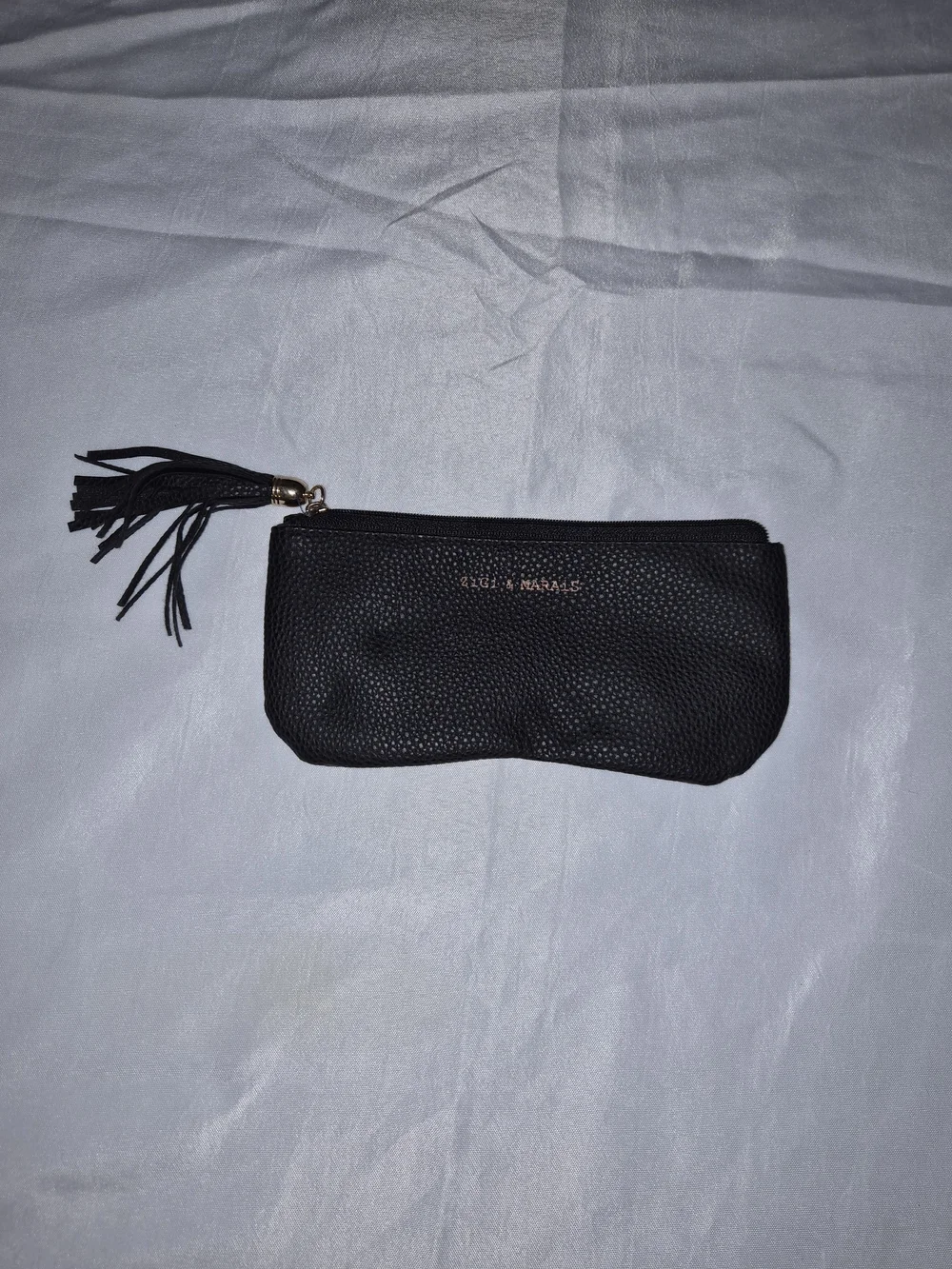 Black Pebbled Leather Tassel Cosmetic Pouch